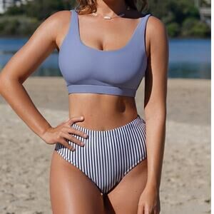 Striped Blue Tankini Bikini Set NWOT